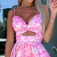 🌸 50% Rabatt auf neue Produkte 💖Rosa ärmelloses Kleid mit Blumenmuster, Taillenausschnitt und V-Ausschnitt